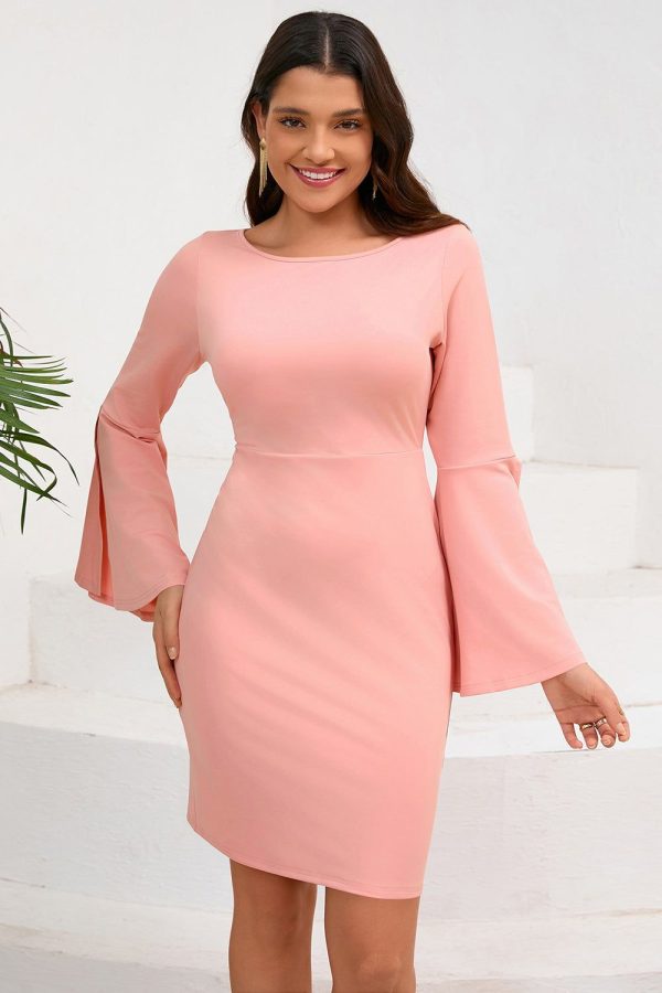 Zapakasa Women Bodycon Cocktail Dress Pink Round Neck Long Sleeves Short Evening Dress