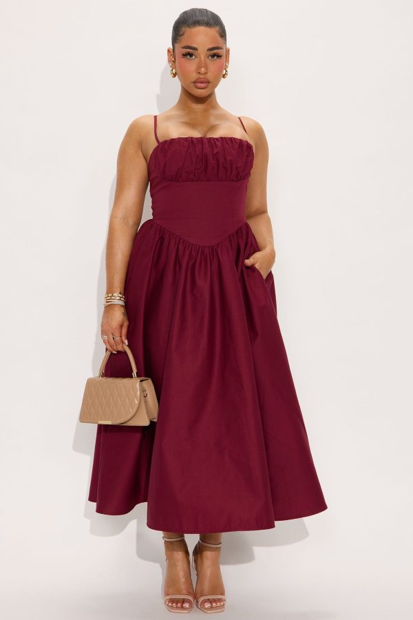 Stelia Poplin Midi Dress - Burgundy | Fashion Nova