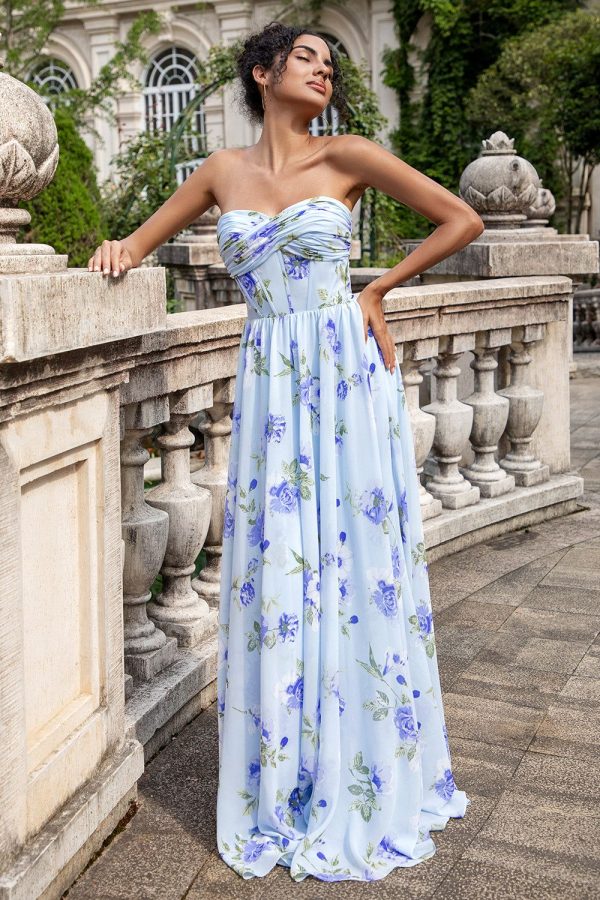 Zapakasa Women Blue Floral Wedding Party Guest Dress A Line Sweetheart Strapless Pleated Long Maxi Bridesmaid Dress