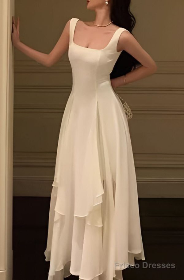 Vintage A Line Square Neckline White Ruffles Chiffon Long Prom Dress Formal Dresses - Picture Color / US4