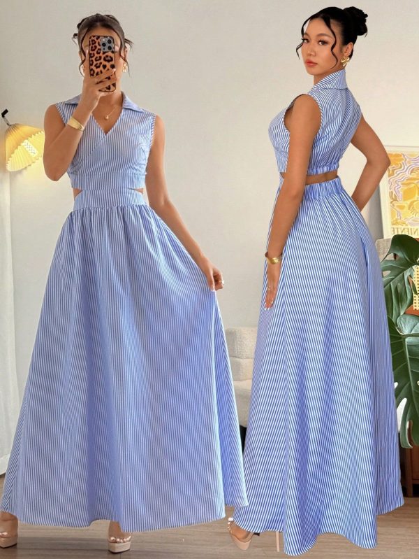 Women Elegant Blue And White Striped Wrap Collar Backless Maxi A-Line Dress, Sleeveless