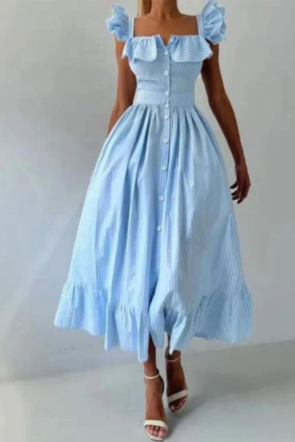 Fashion Summer French Square Neck Flying Sleeves Single Breasted Striped Party Elegant Maxi Dress