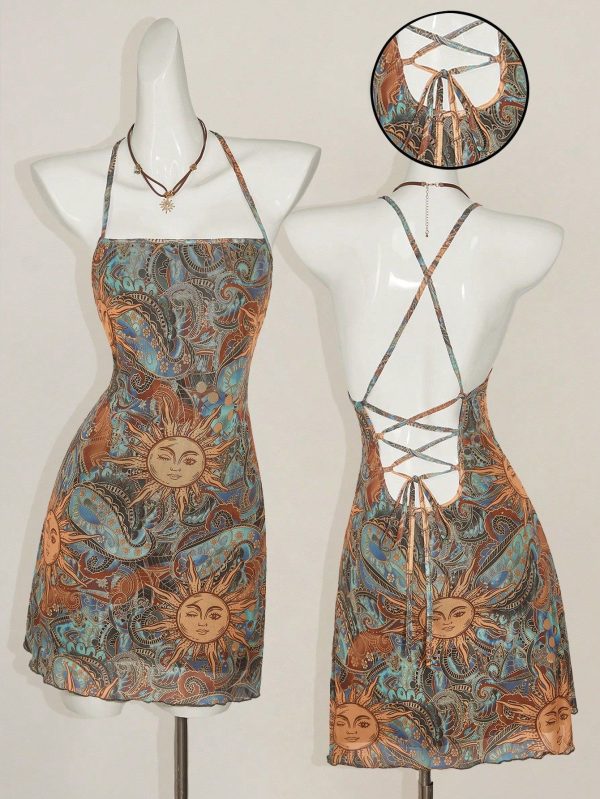 Figure-Hugging Retro Print Open Back Cross Tie Mini Dress