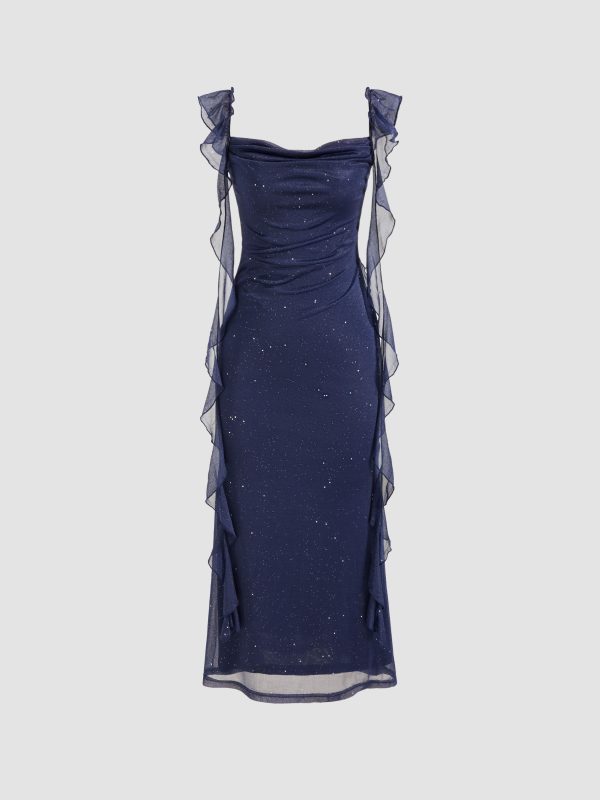 Formal Dresses Homecoming Dress Hoco Dresses Knit Fabric Cowl Neck Solid Glitter Ruffle Hem Maxi Dress For Party/Clubbing