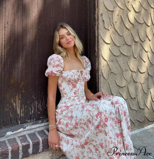 Hot Milkmaid Floral Charming Split Midi Dress - Purple Flowers S