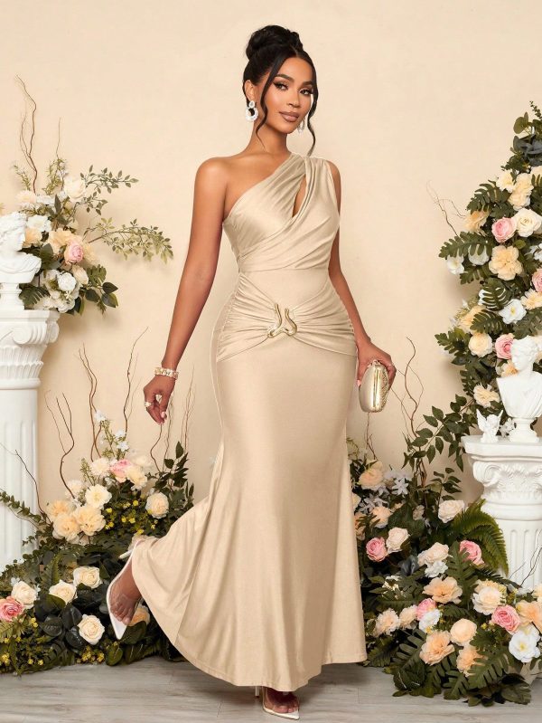 Women's Solid Color Hollow Asymmetric Neck Metal Decorated Bodycon Dress Long Maxi Women Outfit