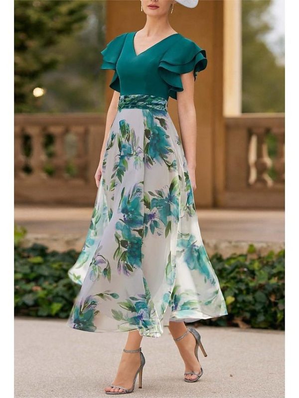 A-Line Mermaid Mother of the Bride Dress Beach Wedding Elegant Party V Neck Floor Length Ankle Length Chiffon 3/4 Length Sleeve Half Sleeve with Sash / Ribbon Ruched Cascading Ruffles 2025 2025 - $145.99