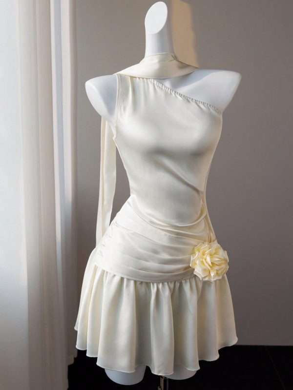 Women's 3D Floral Decor Asymmetric Shoulder Dignified Dress With Scarf