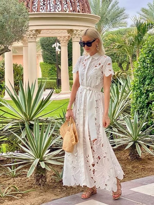 Flower Hollow Out Long Dresses Women Elegant Lace Single Breasted Dress Female 2025 Summer White