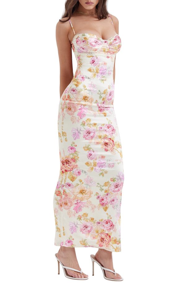 HOUSE OF CB Josefina Floral Bustier Bodice Stretch Satin Body-Con Dress in Ivory Floral at Nordstrom, Size X-Large A