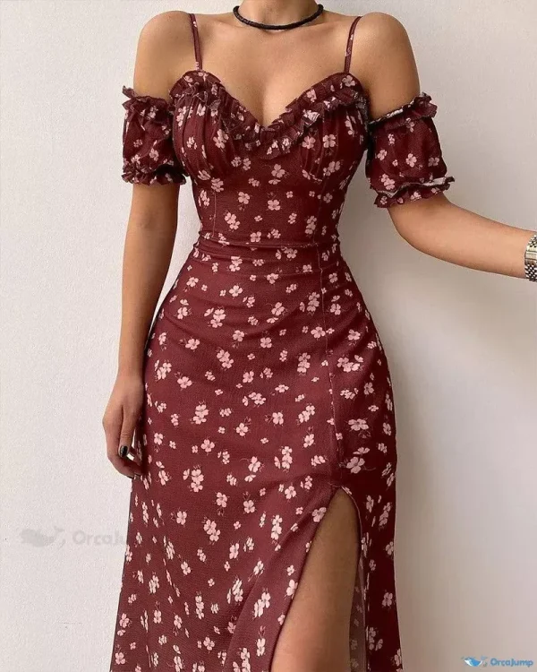 OrcaJump - Vestido camisero con estampado floral, dobladillo de volantes y abertura en el muslo - Vino tinto, XL(12)