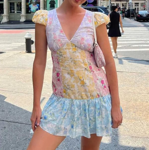 Cyflymder  floral short sleeve dress women ruffled mini summer dress cute ladies dresses bow tied front sexy dress for women - Beige / S