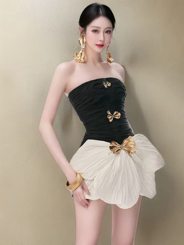 Elegant Dress Strapless Contrast Color Patchwork Pleated Short Women's Evening Party Dresses 2025