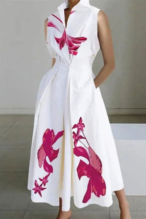 Elegant Floral Pocket Mandarin Collar A Line Dresses