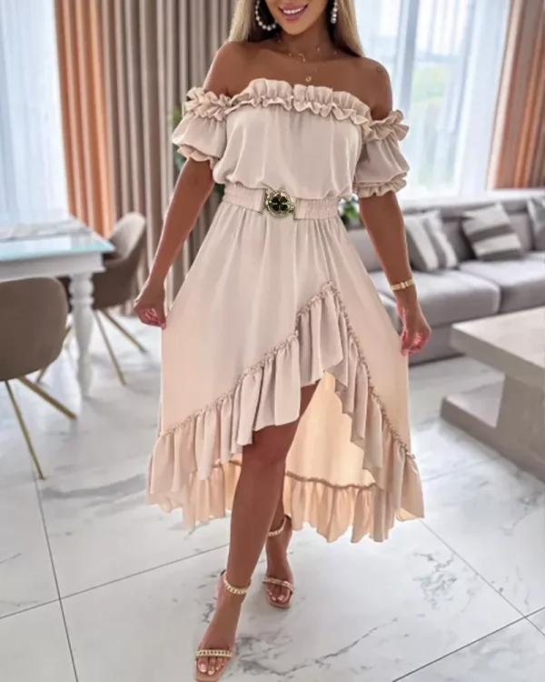 Summer Fashion Casual Dress Women Sexy Off The Shoulder Short Sleeve Ruffle Frill Hem Asymmetrical