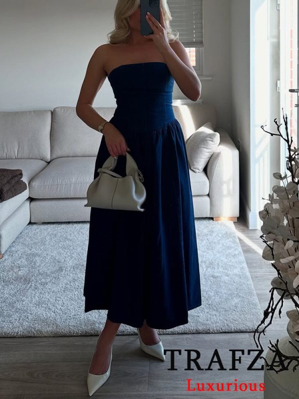 TRAFZA Sexy Denim Dress Women Strapless Dress Women Cortset Ruffles Long Summer Dress Fashion 2025