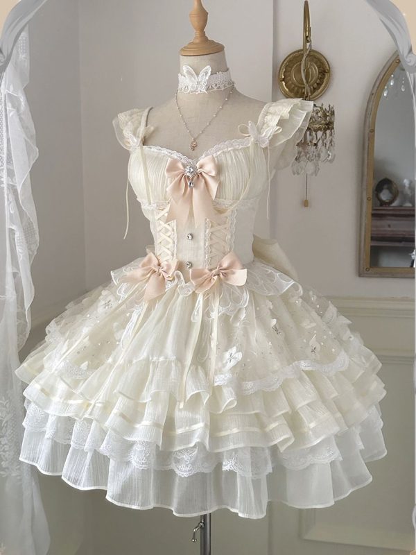Beige Sequins Butterfly Jumper Skirt Lace-up Details Princess Dress/Full Set