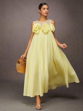 StyleWe Women Vacation Maxi Dress Natural A-Line Crew Neck Cotton Regular Sleeve Summer For Vacation