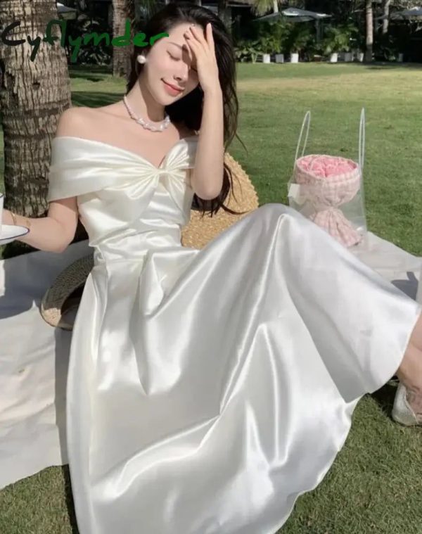 Cyflymder Bow Slash Neck Sexy Dress Summer Women White Fairy Elegant A-Line Midi Dresses Female Party Prom Clothes Vestdios - White Dress / S