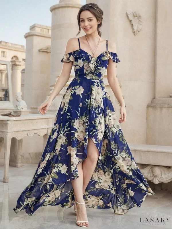 Lasaky - Chiffon Evening Dress with Spaghetti Straps, Open Back, High-Low Hemline, Floral Print - Elegant Party Dress - navy blue, S