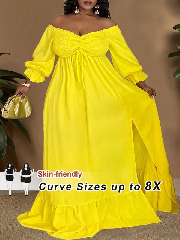 Plus Size Women's 2025 New Vacation Style Yellow Sleeveless Shoulder Strap Long Dress, Casual Daily Wear, Tight Waist High Waist Pleated Patchwork Loose A-Line Dress, Suitable For Spring And Summer Wear