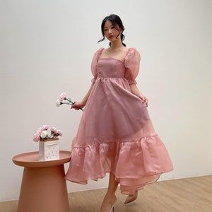 Blush Pink Organza Fairytale Dress, Dusty Rose Rehearsal Dinner Dress, Baby Doll Organza Puff Sleeves, Custom Size Wedding Guest Dress - Etsy