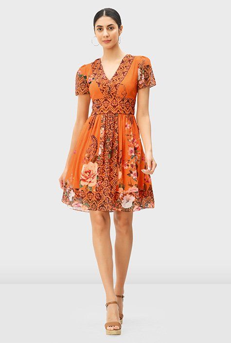 Graphic border floral print georgette banded waist dress