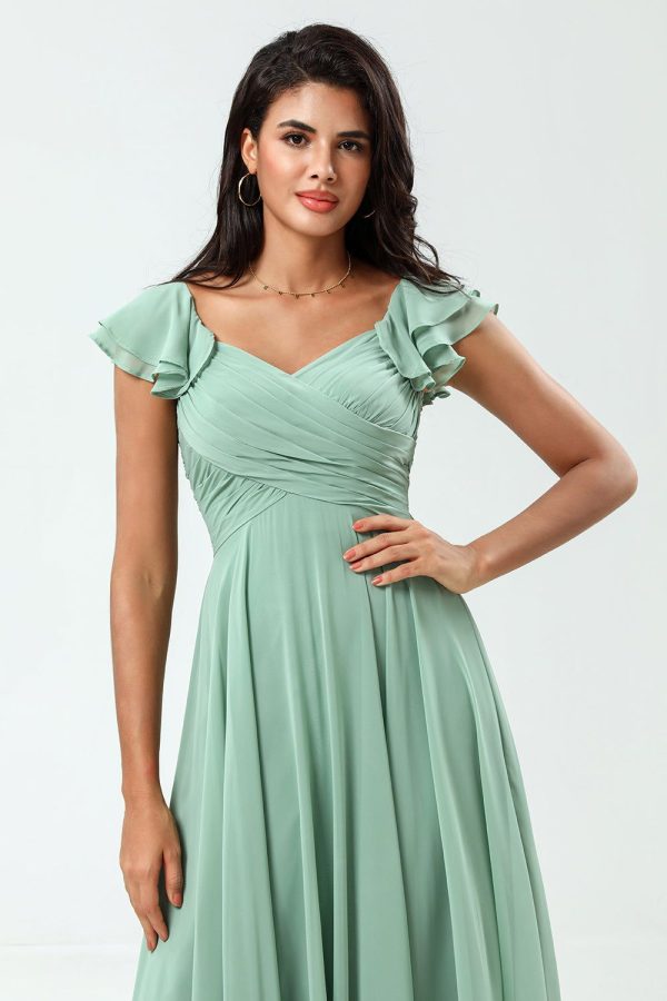 ZAPAKA Women Lace-Up Back Green Bridesmaid Dress with Ruffles A Line Chiffon Wedding Guest Dress, Matcha / US2