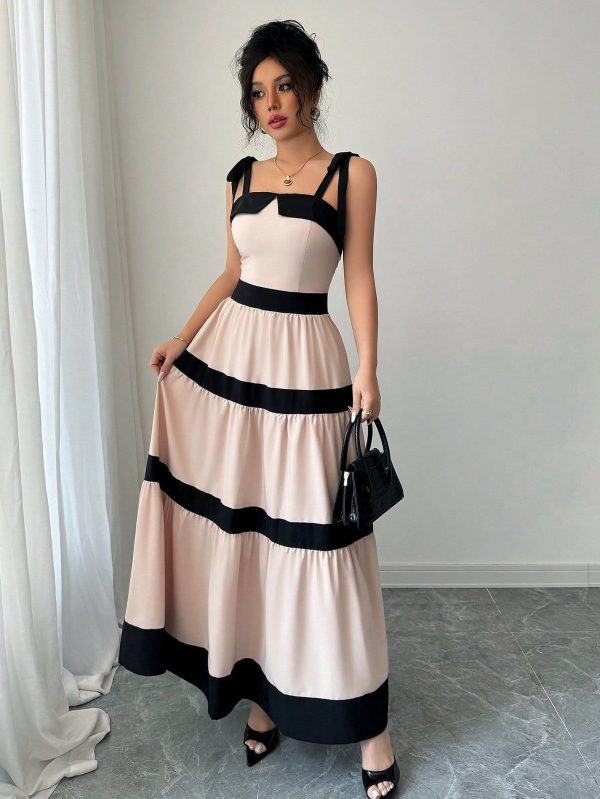 Women Elegant Fashionable Sleeveless Waist Tied A-Line Splicing Contrast Color Slip Dress, Suitable For Commute, Casual And Holiday Wear