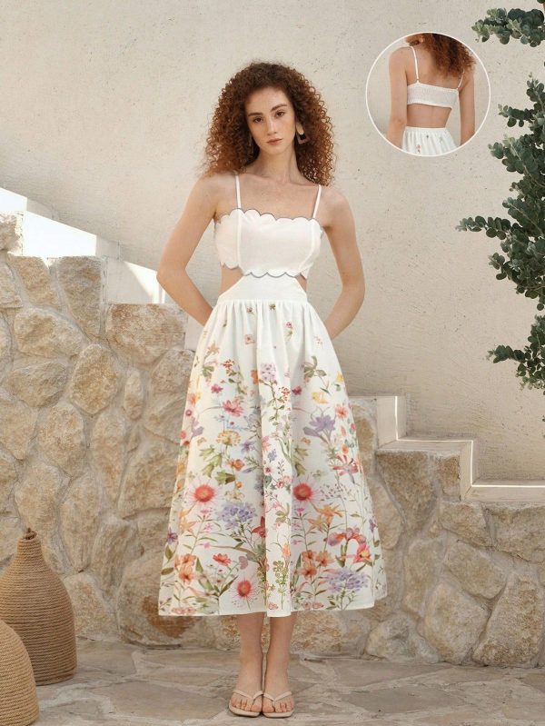 Summer Waist Hollow Contrast Floral Maxi Dress, Women's Spring And Summer Dress, Bohemian Style, Beach, Western Style, Vacation, Casual, Party, Tea Dress, Vintage Dress, Women's Easter Dress, Graduation Dress, Tea Dress, Going Out Dress