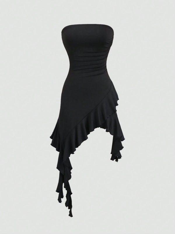 Stylish High Street Chic Asymmetric Ruffle Hem Black French Style Dress For Women