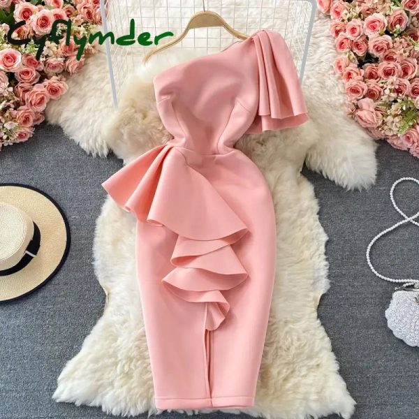 Cyflymder Christmas DRESS TO IMPRESS Sweet Style Y2K Long Dresse For Women Three-dimensional Ruffles Split Diagonal Collar Dresses Spring Summer New - pink / S