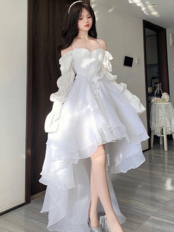 Hot dress,Spring Elegant White Shoulder Fairy Dress Female Chic Princess Puff Dress Women Solid