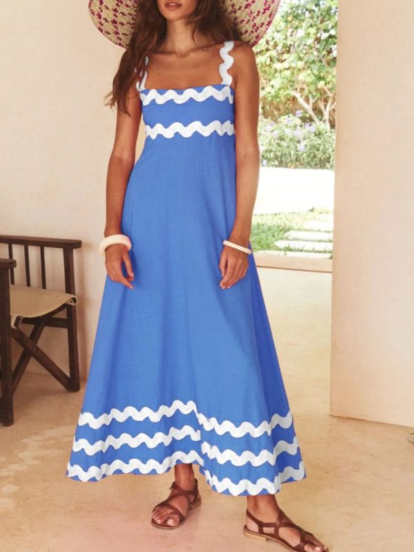 Hazel Blues® |  Contrast Trim Square Neck Maxi Cami Dress - Blue/white / S