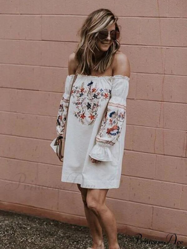 Sexy Off-The-Shoulder Mini Flared with Gown Sleeves - M White