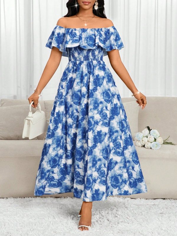 One-Piece Ruffle Collar Blue White Gradient Halo Dyeing Color Rose Flower Print Women's Long Dress Elastic Upper Body Comfortable To Wear, Suitable For All Body Types Birthday&Event Dresses /Office Dresses /Church Dresses/Wedding Dresses /Holiday Dresses Beach Dress Vacation Outfits Women Boho Women Clothing/Boho/Boho Chic Sun Dress Summer/Summer Clothes /Women Summer Clothes/