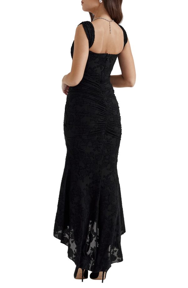 HOUSE OF CB Cesca Floral Ruched High-Low Corset Dress in Black at Nordstrom, Size X-Small