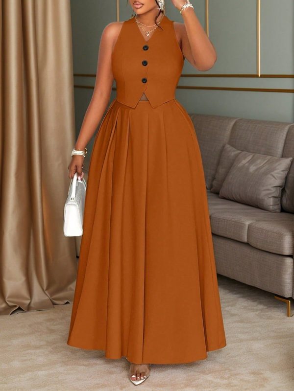 Women's Fashion Commuter Solid Color Single-Breasted V-Neck Asymmetrical Hem Waistcoat Sleeveless Top And A-Pendulum Long Skirt Two Pieces Set, Suitable For Daily Outings