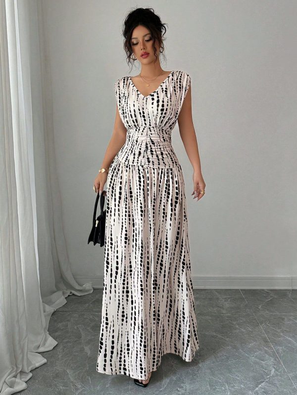 Elenzga V-Neck Elegant Printed Waisted Dress, Vacation & Daily Wear Wedding Dress Long Dresses Maxi Dresses For Spring/Summer,Concert Women's Clothing,Elegant Suitable For Daily Commute, Music Festival, Holiday Wear