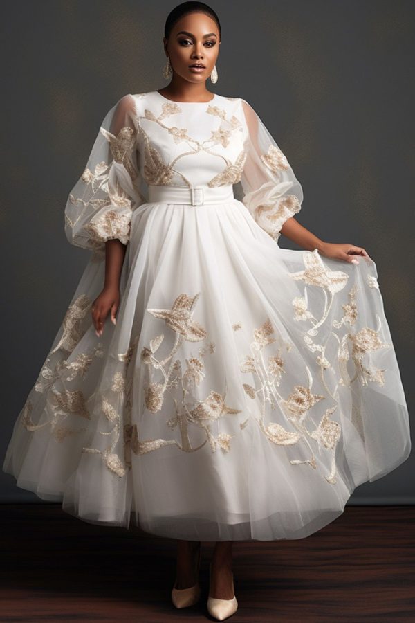 Xpluswear Design Plus Size Wedding White Elegant Round Neck Short Sleeve Embroidery Pleated Tulle Maxi Dresses [Pre-Order] White-L/10-12