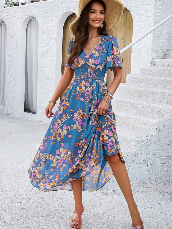 Floral Elegant V Neck Sleeves Blue Long Wedding Guest Dress