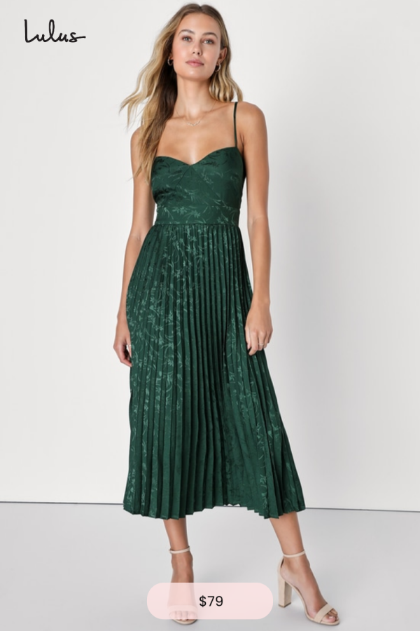 Regal Romance Emerald Floral Jacquard Pleated Satin Midi Dress | Lulus