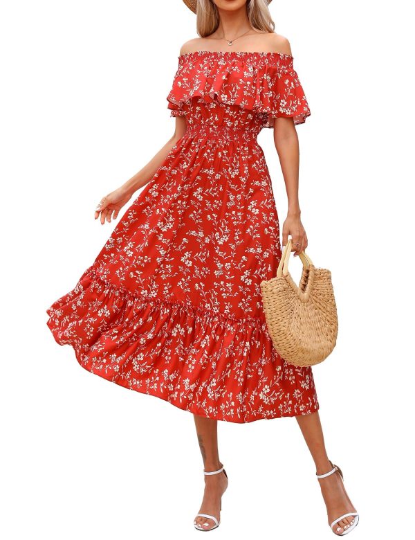 Prettywear Women's 2025 Spring Summer Boho Off Shoulder Midi Dress Floral Short Sleeve A Line Casual Beach Vacation Dresses