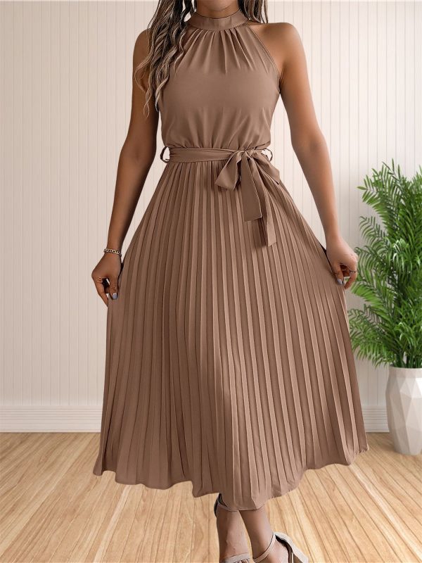 Women's 2024 Summer Sleeveless Halter Neck Pleated Midi Cocktail Dresses A Line Flowy Beach Sun