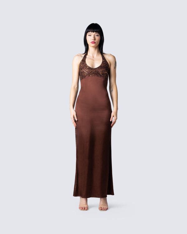 Leana Brown Halter Dress - XS
