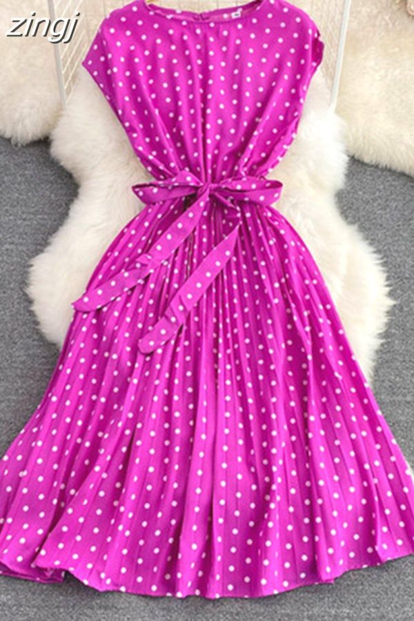 zingj Vintage Polka Dot Pleated Dress Women Red/Green/Black Draped Knee Length Vestidos Female Elegant Robe New Fashion Rose Red-One Size