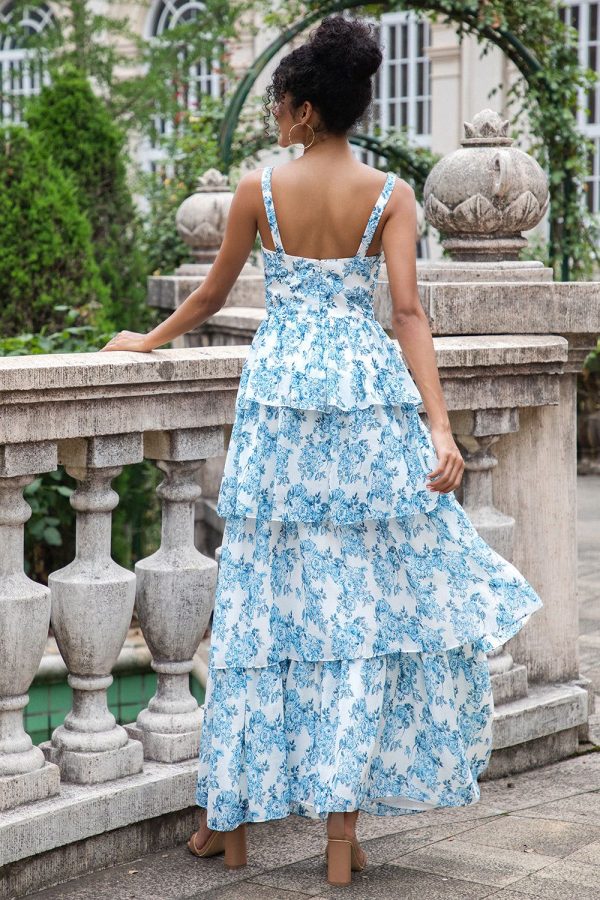 Zapakasa Women Floral Wedding Guest Dress White Blue Corset Tiered A Line Bridesmaid Dress