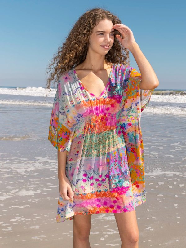 Sanibel Kaftan Mini Dress - Pink Watercolor Patchwork - S