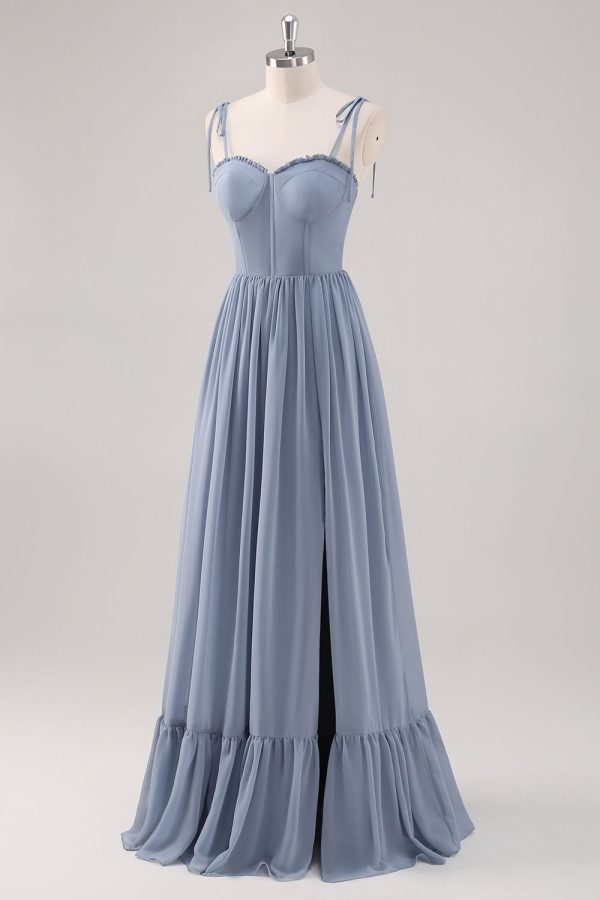 Zapakasa Women Dusty Blue Bridesmaid Dress with Slit A Line Corset Long Wedding Guest Dress with Back Bow Tie