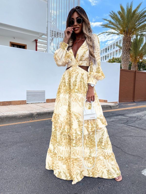 Hollow Floor V-neck Long-sleeved Plant Dress - Yellow / 2XL